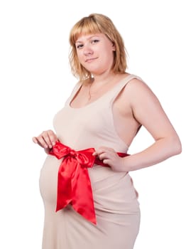 Pregnant Woman Touching her Belly, over white background