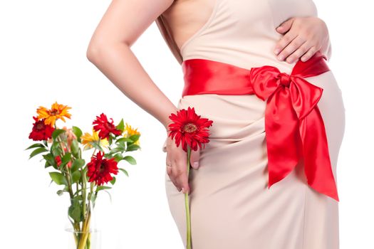 Pregnant Woman with Flowers, over white background