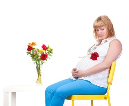 Pregnant Woman with Flowers, over white background