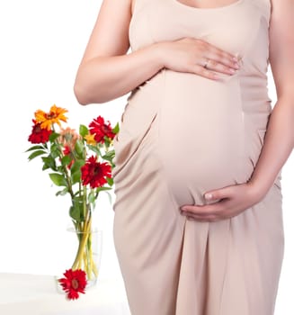 Pregnant Woman with Flowers, over white background