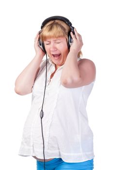 Pregnant Woman with Headphones, over white background