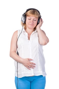 Pregnant Woman with Headphones, over white background