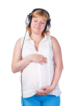 Pregnant Woman with Headphones, over white background