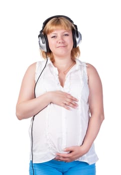 Pregnant Woman with Headphones, over white background