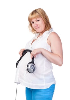 Pregnant Woman with Headphones, over white background