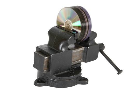cd disks in vise, isolated on a white background 