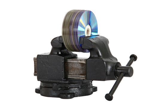 cd disks in vise, isolated on a white background