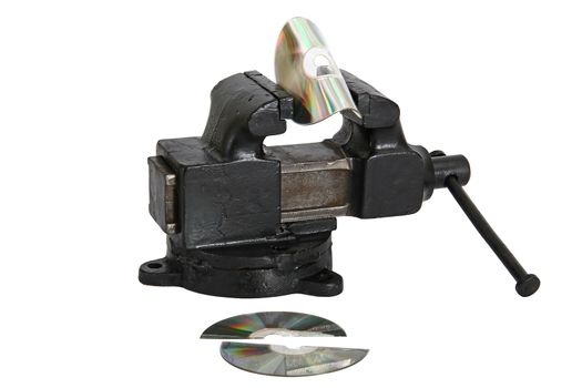 cd disk in vise, isolated on a white background