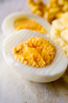 Boiled salted  eggs cut in half. Shallow DOF