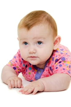 A sweet happy baby 3 month young. Resting on af white background.