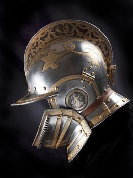 Iron helmet of the medieval knight. Very heavy headdress.