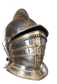 Iron helmet of the medieval knight. Very heavy headdress.