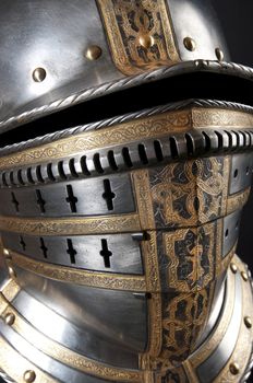 Iron helmet of the medieval knight. Very heavy headdress.