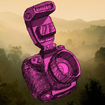 Digital SLR camera sketchs with nice landscape background