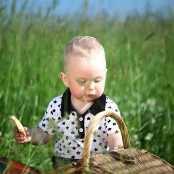  picnic on green grass boy and basket