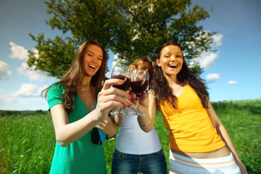 girlfriends on picnic in green grass