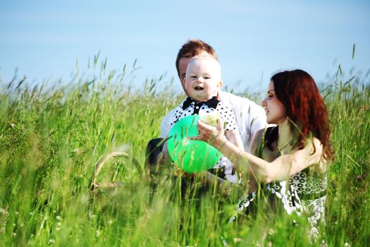  happy family on picnic in green grass