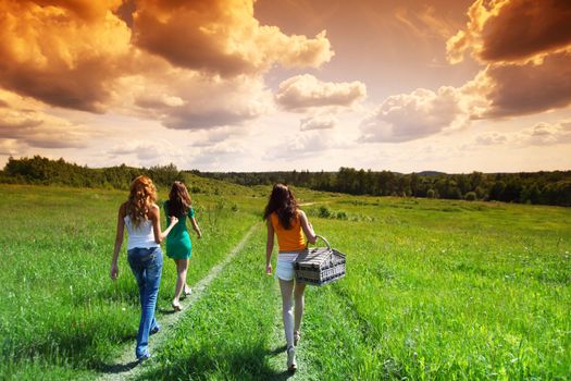 girlfriends on picnic in green grass field