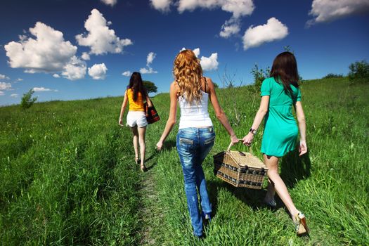 girlfriends on picnic in green grass field