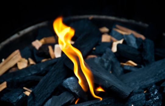 Flame and charcoal in a bbq grill
