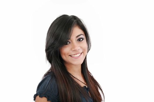 Portrait of a happy woman smiling against white background