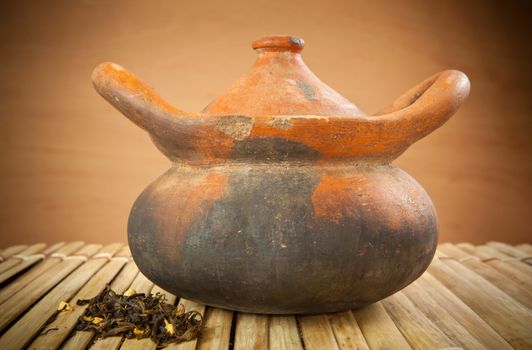 Old teapot on the wood background