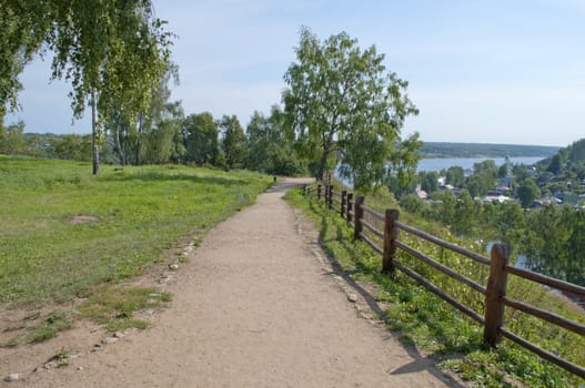 Sandy path in the park by the Volga river in Ples town, Russia