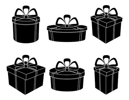 Set gift boxes different forms with bows, black silhouettes on white. Vector
