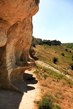 Summer Crimea landscape with rock on blue sky background 