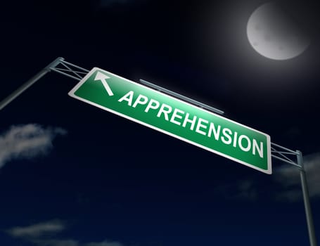 Illustration depicting an illuminated highway gantry sign with an apprehension concept. Night sky background.