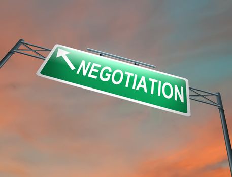 Illustration depicting an illuminated highway gantry sign with a negotiation concept. Dark sunset sky background.