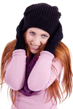 young beautiful woman with hat gloves and scarf in winter isolated on white