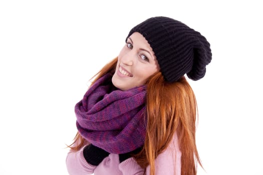 young beautiful woman with hat gloves and scarf in winter isolated on white