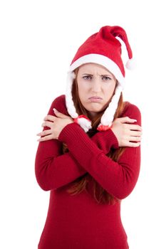 smiling young woman at christmastime in red clothes isolated on white