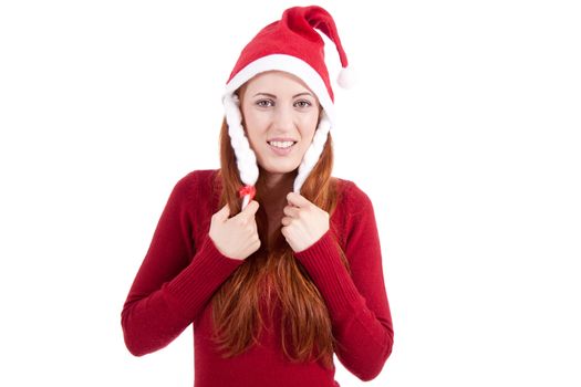 smiling young woman at christmastime in red clothes isolated on white
