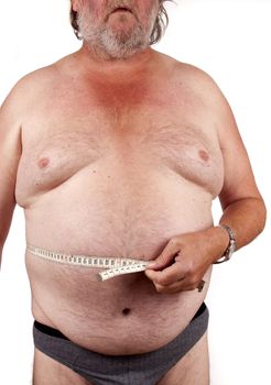 Elderly male body  with obesitas measuring his belly