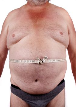Elderly male body  with obesitas measuring his belly