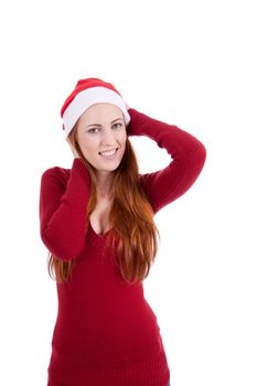 smiling young woman at christmastime in red clothes isolated on white