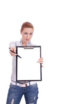 young business woman with clipboard isolated on white