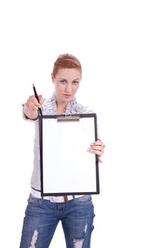 young business woman with clipboard isolated on white