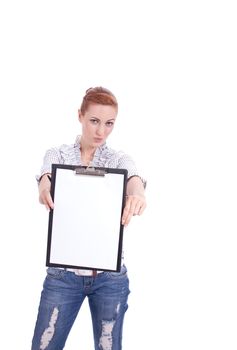 young business woman with clipboard isolated on white