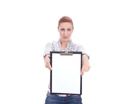 young business woman with clipboard isolated on white