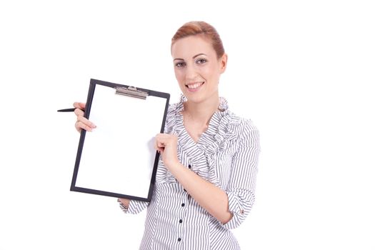 young business woman with clipboard isolated on white