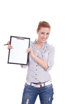 young business woman with clipboard isolated on white