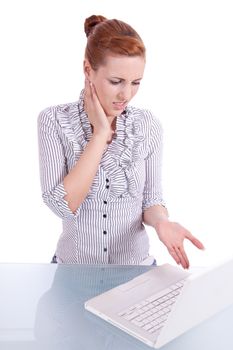 young business woman on computer with snack isolated on white