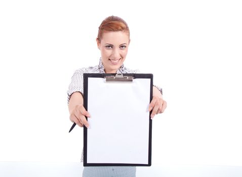 young business woman with clipboard isolated on white