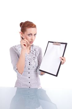 young business woman with clipboard isolated on white