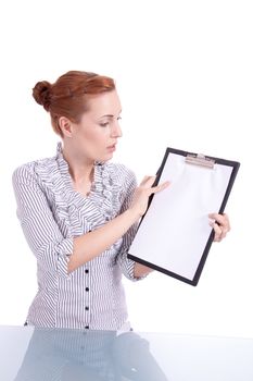 young business woman with clipboard isolated on white