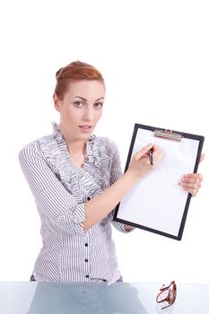 young business woman with clipboard isolated on white