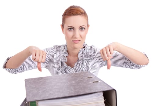 business woman in office looks at unbelievable folder stack isolated on white